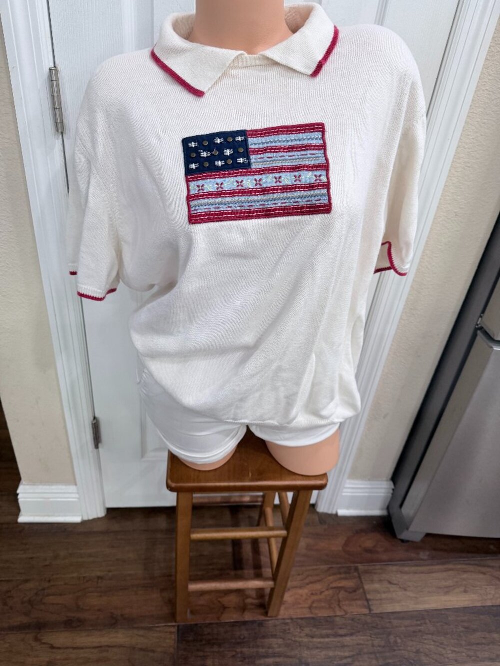 Alfred Dunner 2X Americana Flag Ramie Cotton Knit Polo Sweater